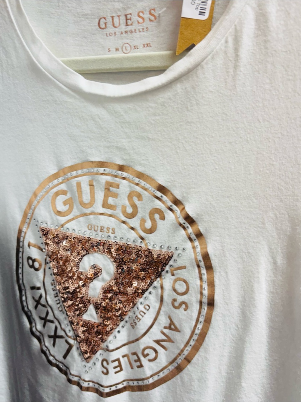Guess White Short Sleeve Tee with Rose Gold Sequin Logo large